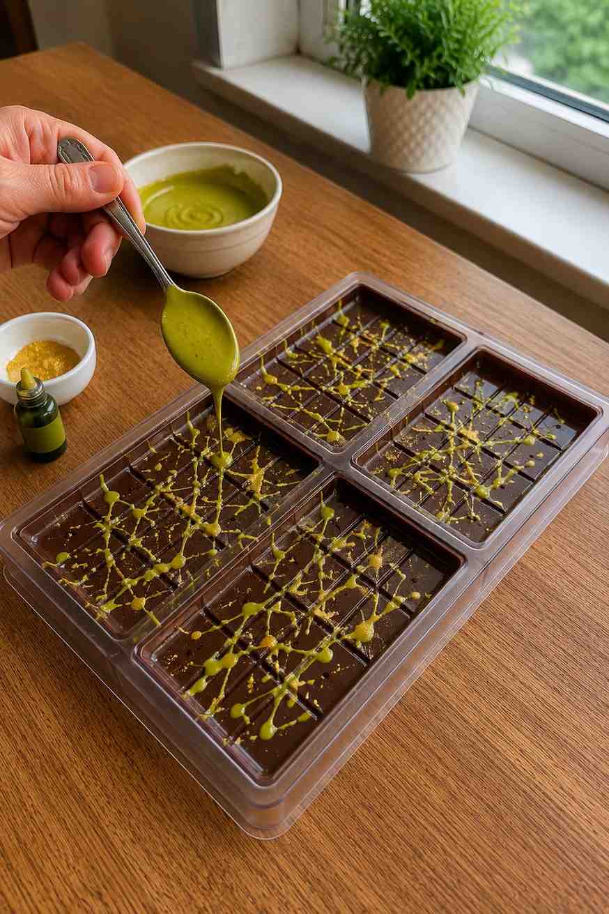 Drizzling colored chocolate swirls into chocolate molds