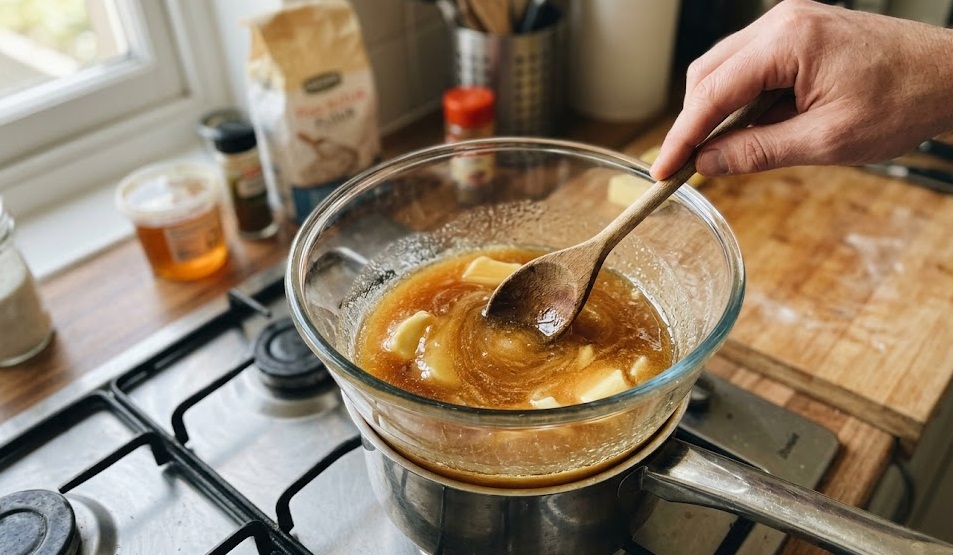 Melting honey, sugar, and butter in a double boiler