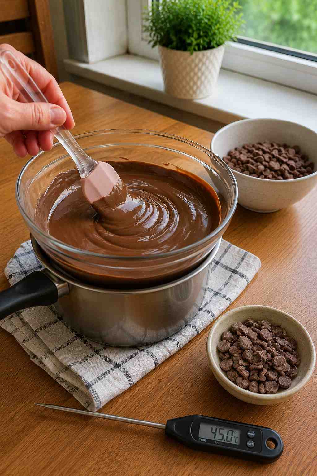 Tempering milk chocolate couverture over a double boiler