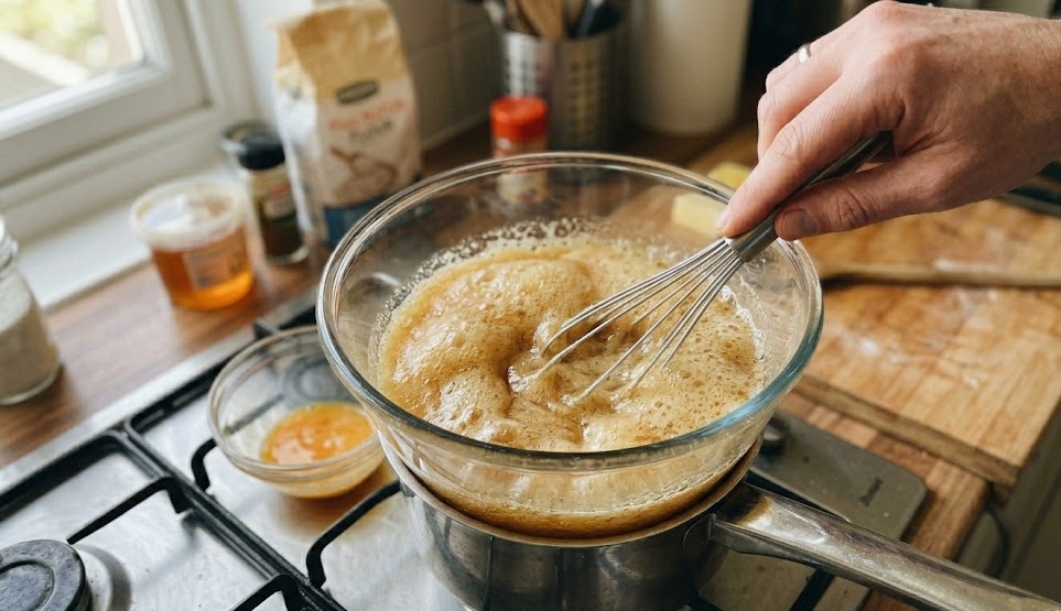 Adding baking soda to honey cake mixture