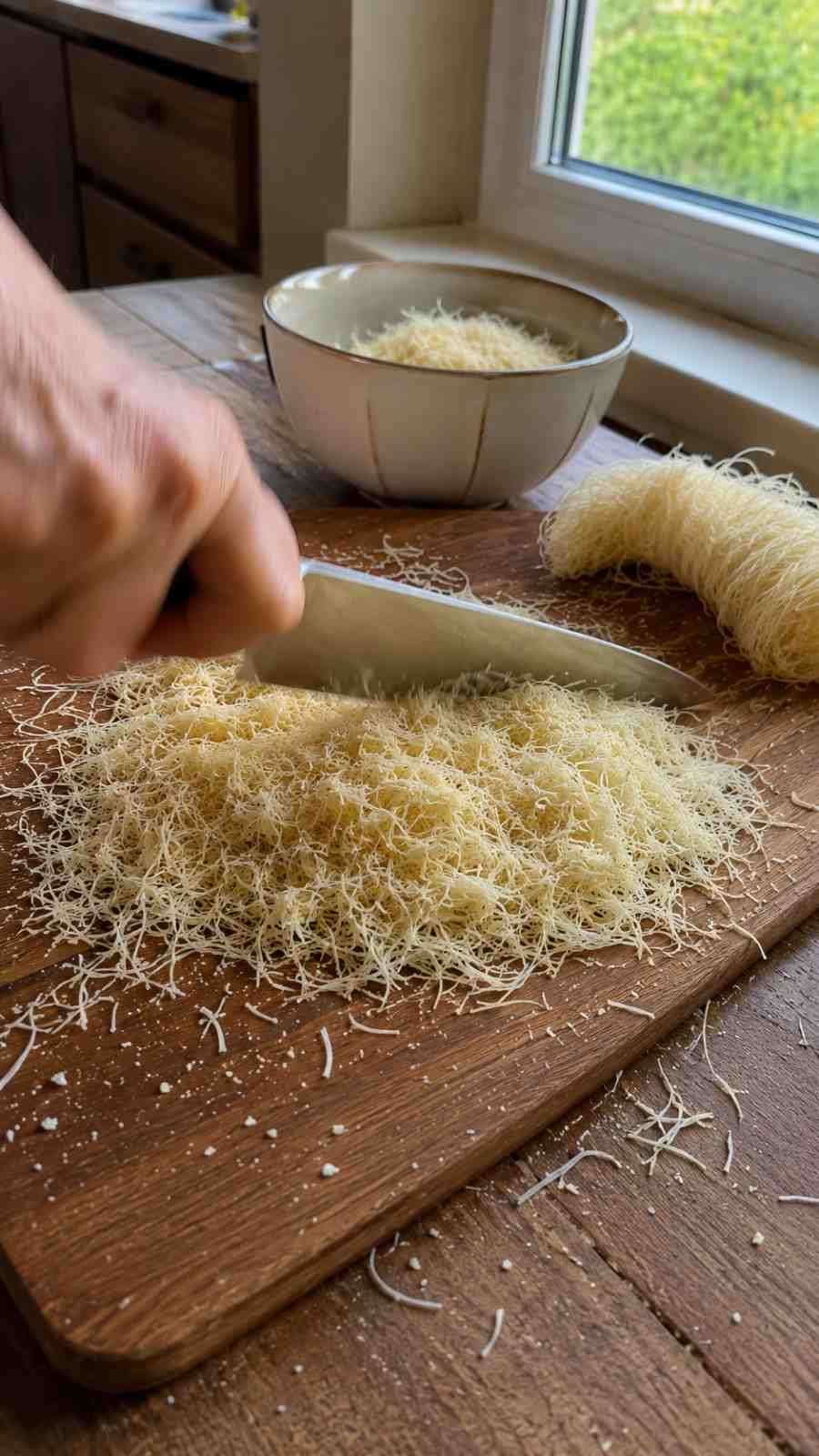 Finely chopping thawed kataifi pastry on a wooden cutting board