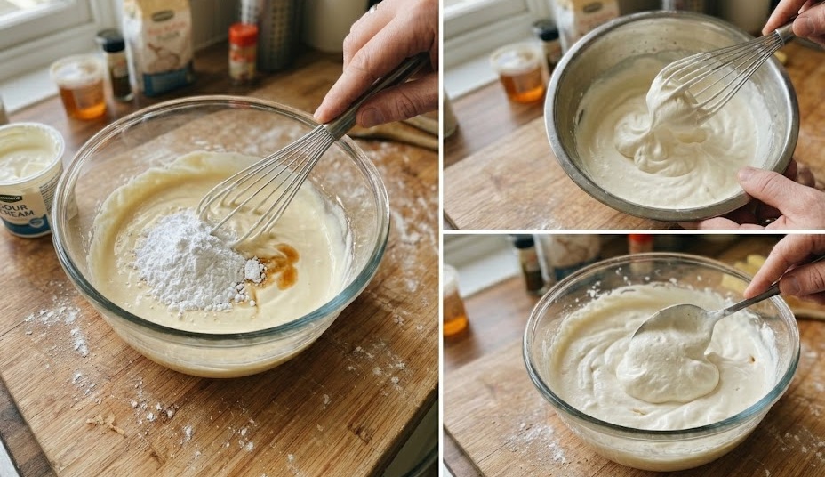 Mixing sour cream and whipped cream for frosting