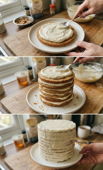 Assembling layers of honey cake with frosting