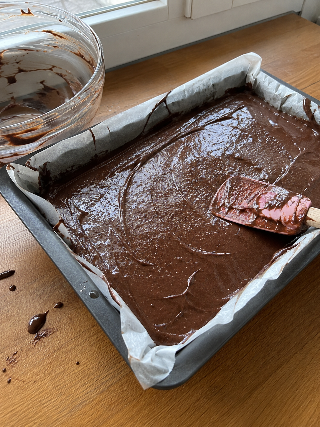 Chocolate batter in baking pan