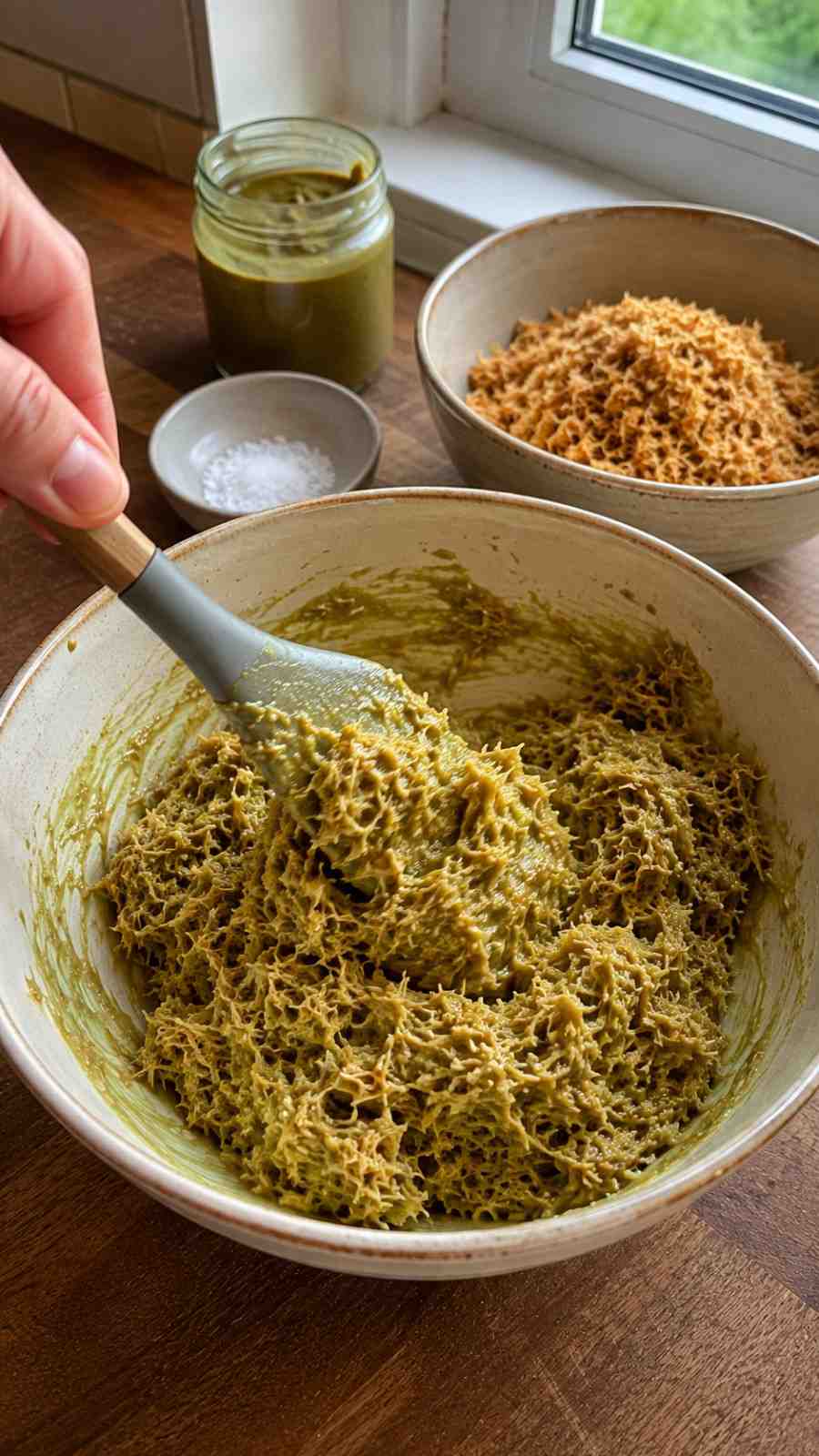 Mixing toasted kataifi with pure green pistachio paste
