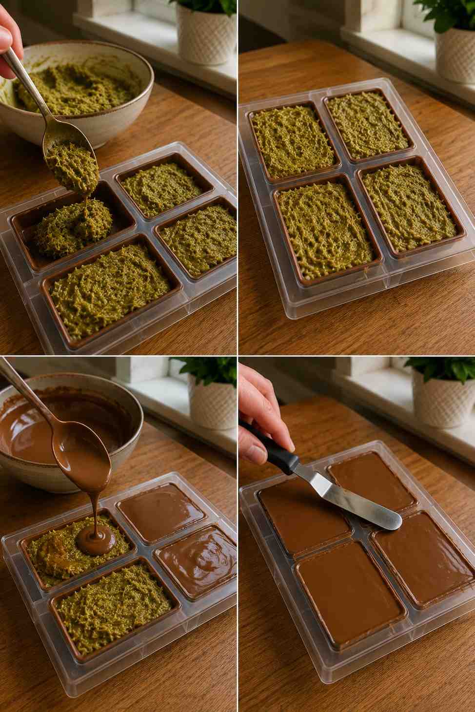 Sealing the filled Dubai chocolate bars with milk chocolate