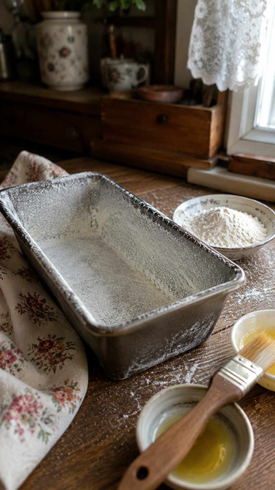 Greasing and flouring a traditional baking pan