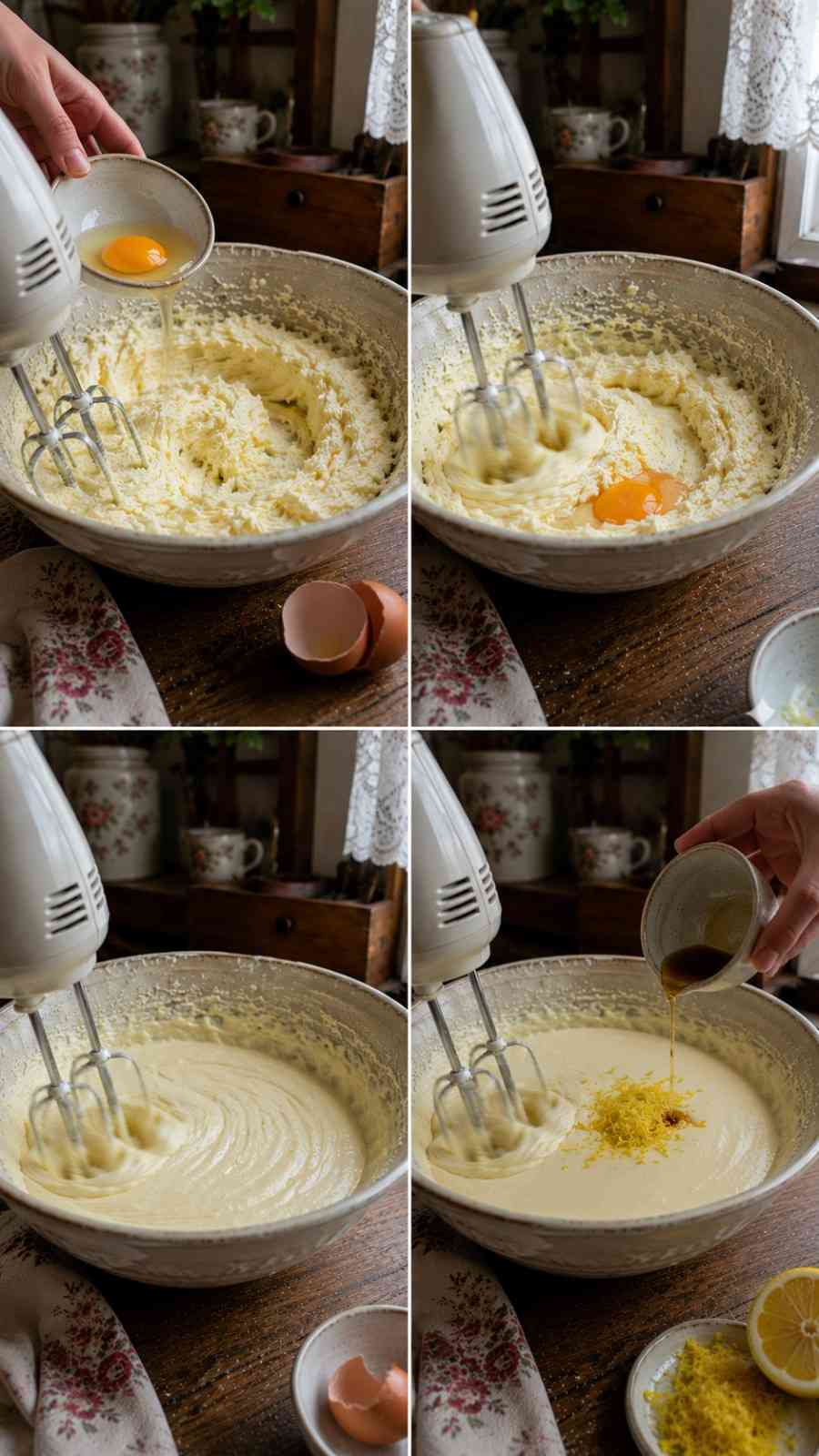 Adding room temperature eggs one at a time to cake batter