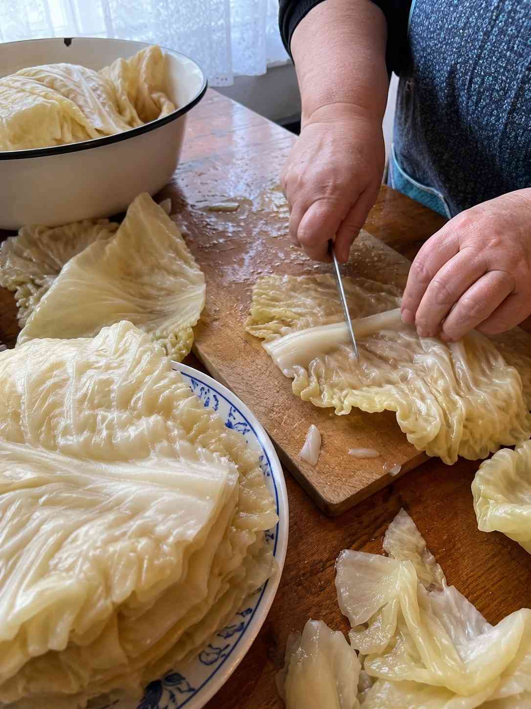 Preparing cabbage leaves for Sarma
