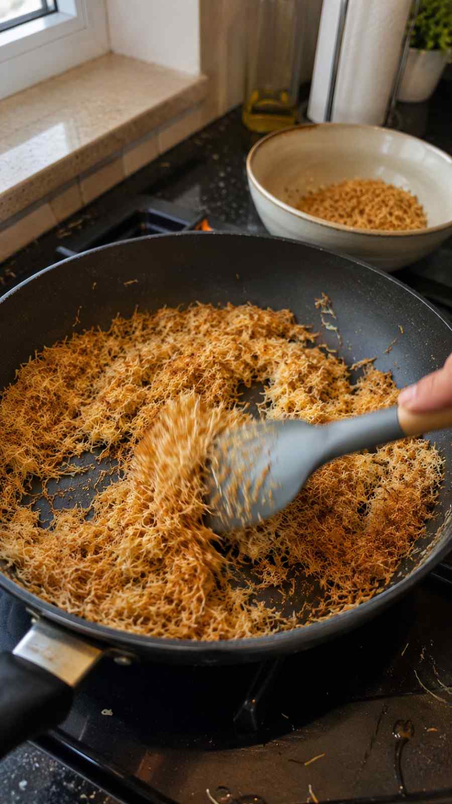 Toasting shredded kataifi pastry in butter until golden brown