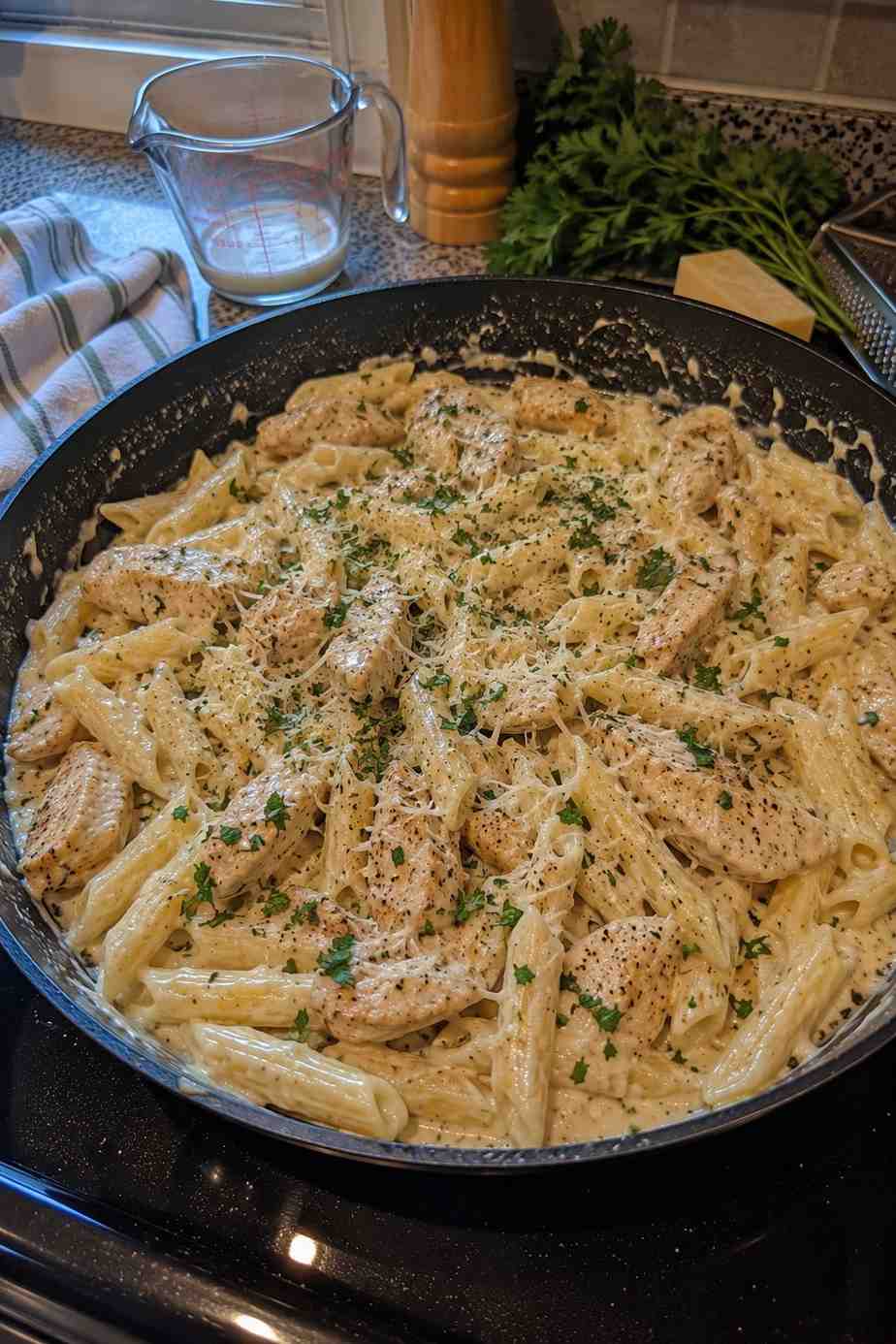 Finished Garlic Parmesan Chicken Pasta