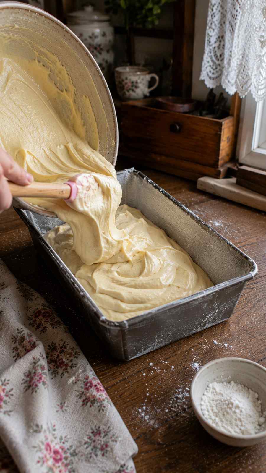 Leveling the thick cake batter inside a loaf pan