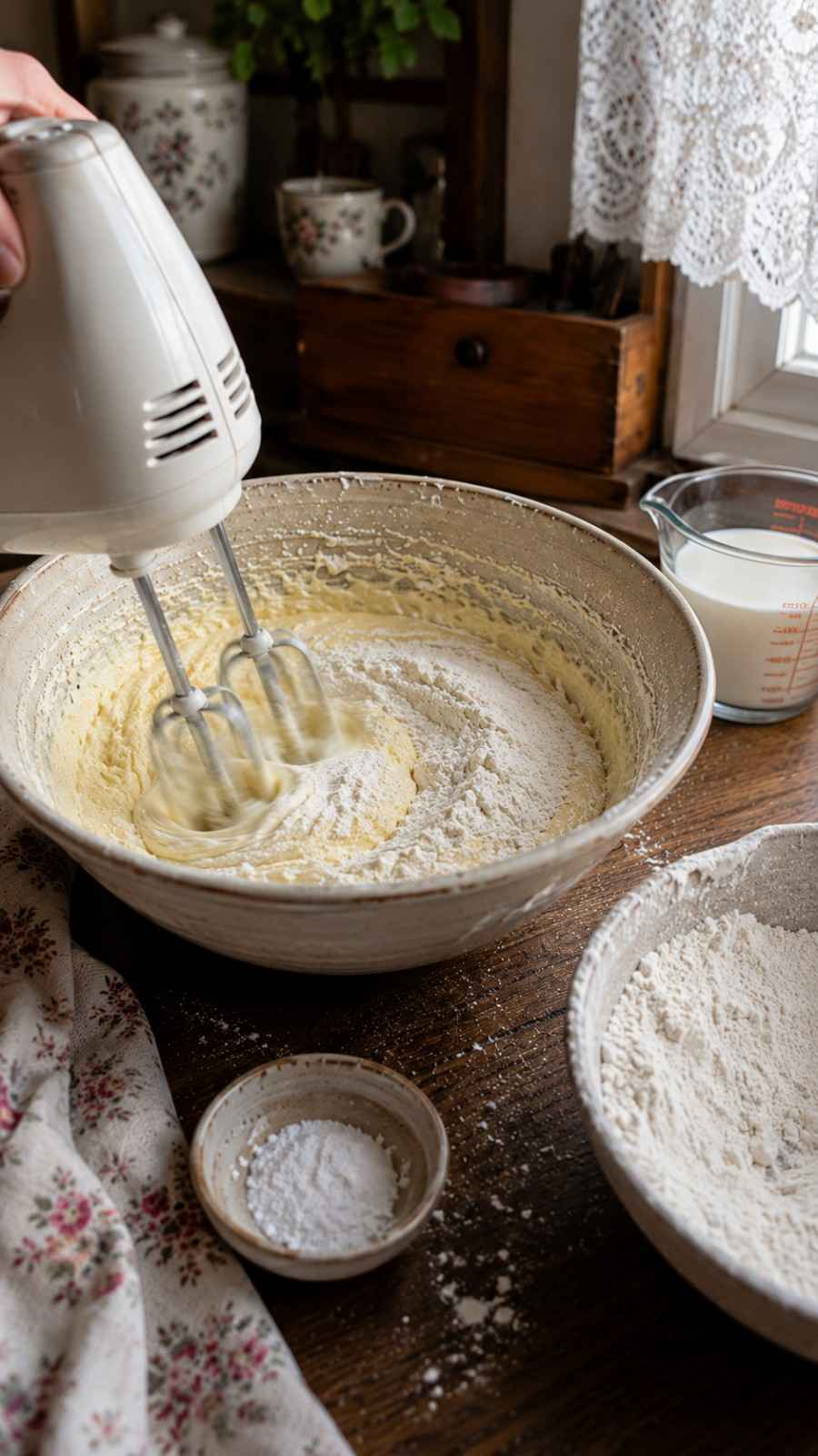 Alternating flour and milk additions to the mixing bowl