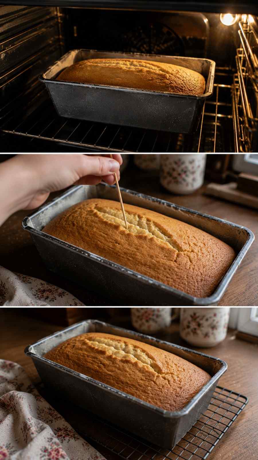 Testing the doneness of a golden baked sponge cake