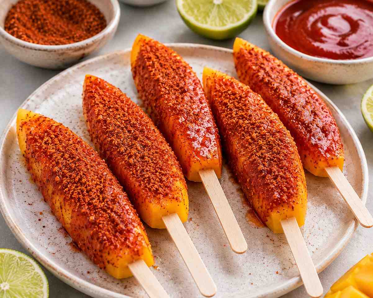 Frozen mango sticks dipped in chamoy and rolled in Tajin, ready to serve