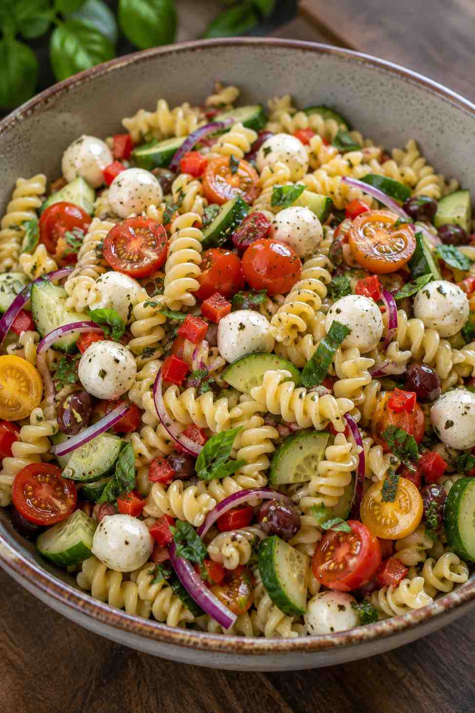 Pasta tossed with cherry tomatoes, cucumber, mozzarella and basil in a large bowl