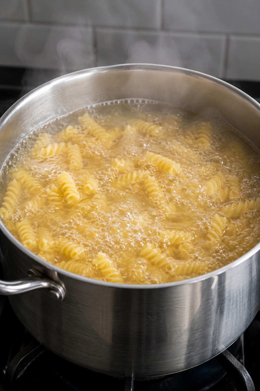 Fusilli pasta boiling in a large pot of salted water