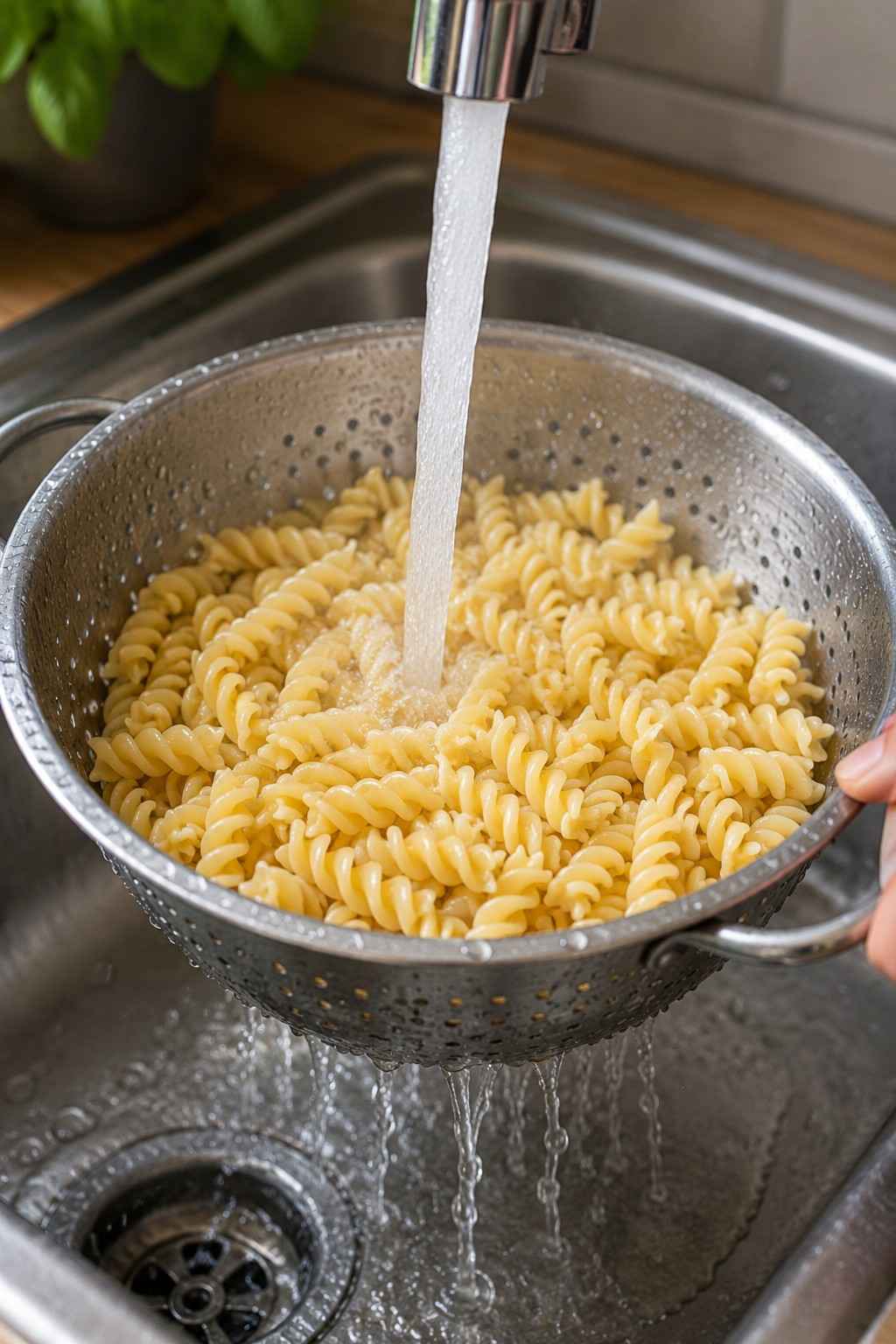 Cooked pasta being rinsed under cold running water in a colander