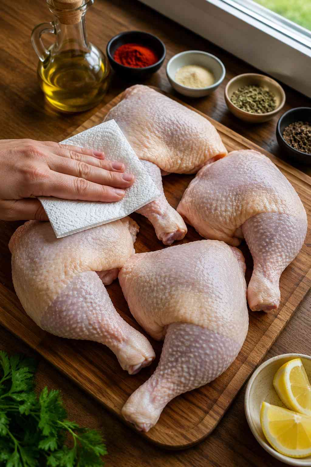 Patting chicken leg quarters dry with paper towels