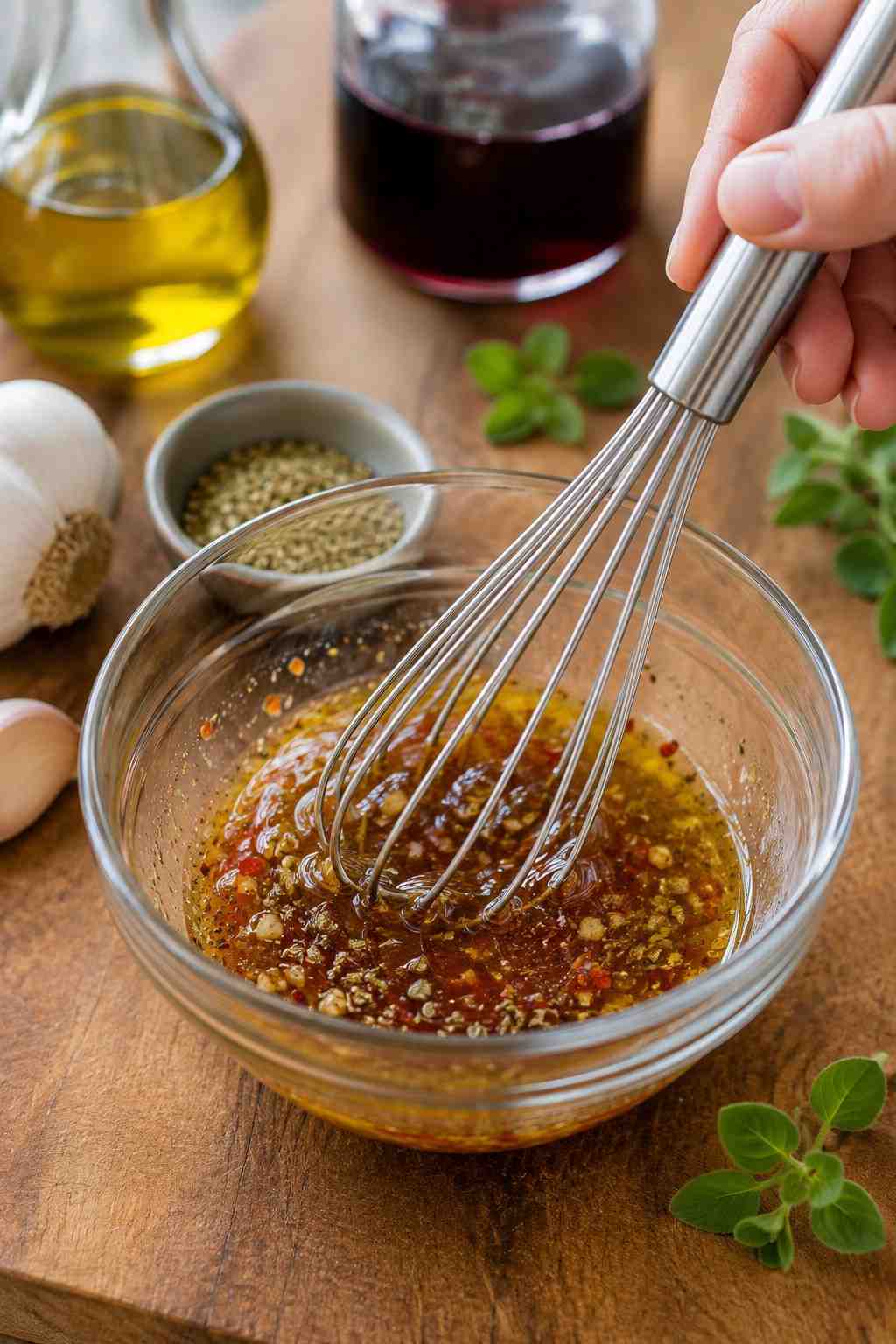 Whisking a red wine vinegar dressing in a small bowl