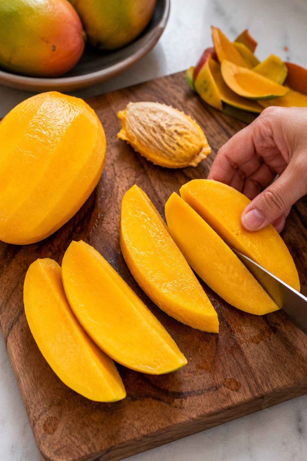 Peeled mango being sliced into thick flat spears around the pit