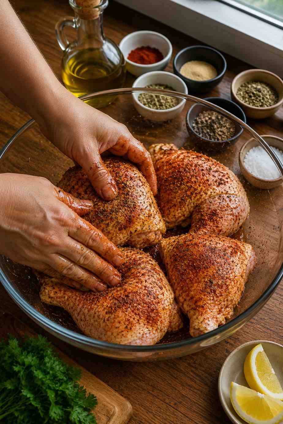 Seasoning chicken leg quarters