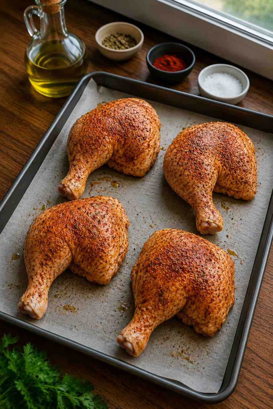 Chicken arranged on baking tray