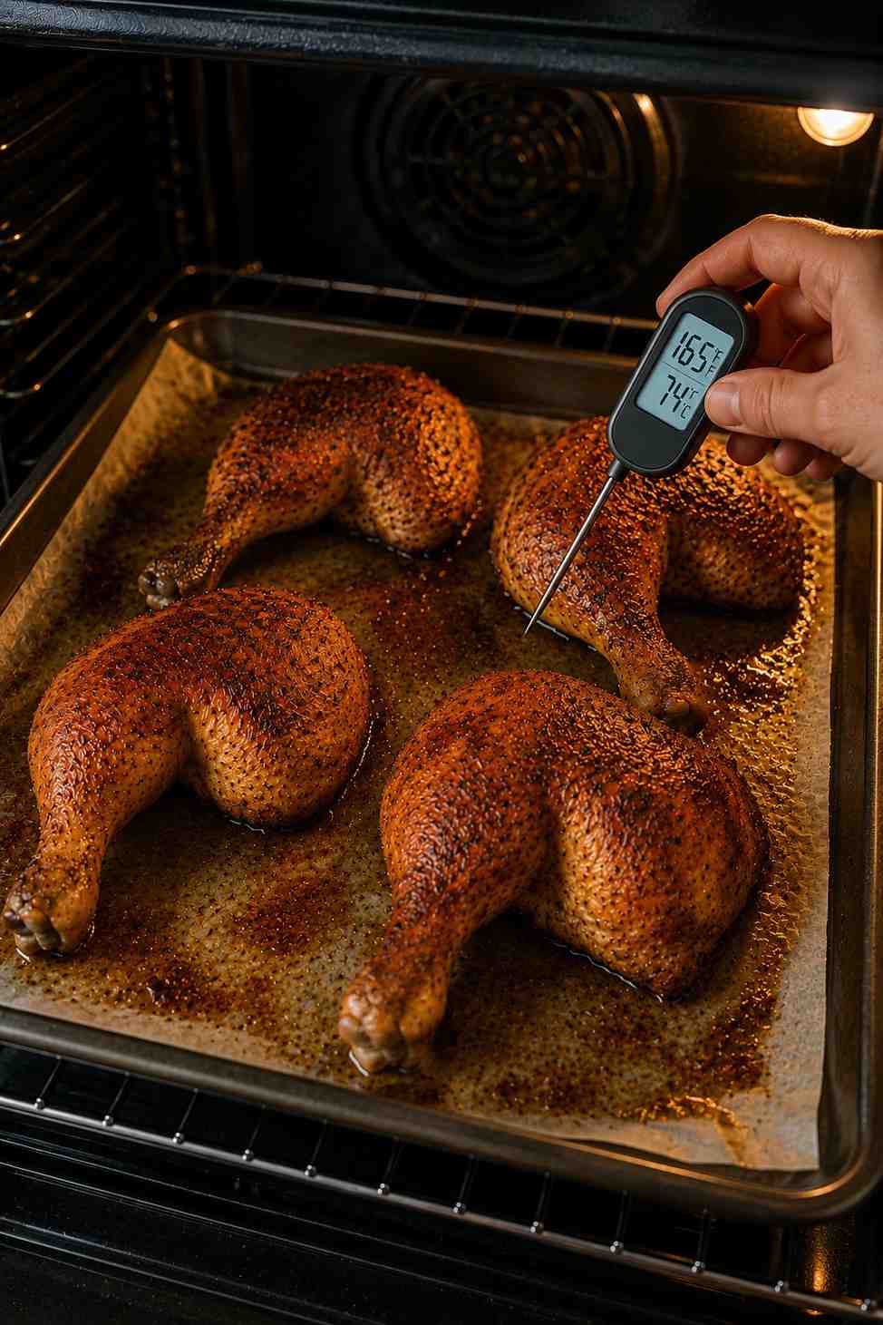 Checking chicken temperature with meat thermometer