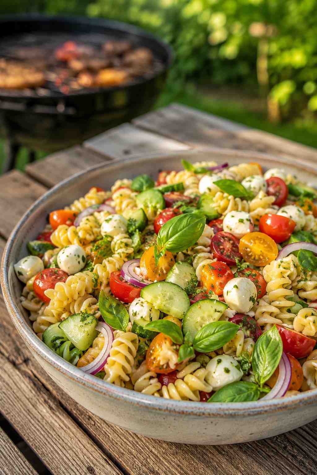 Summer pasta salad with cherry tomatoes, cucumber, mozzarella and fresh basil in a large bowl