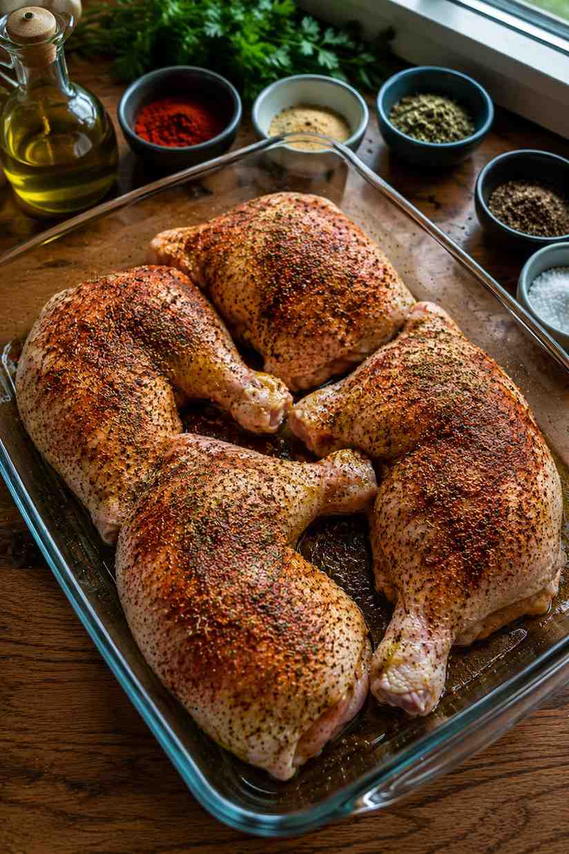 Seasoning chicken leg quarters