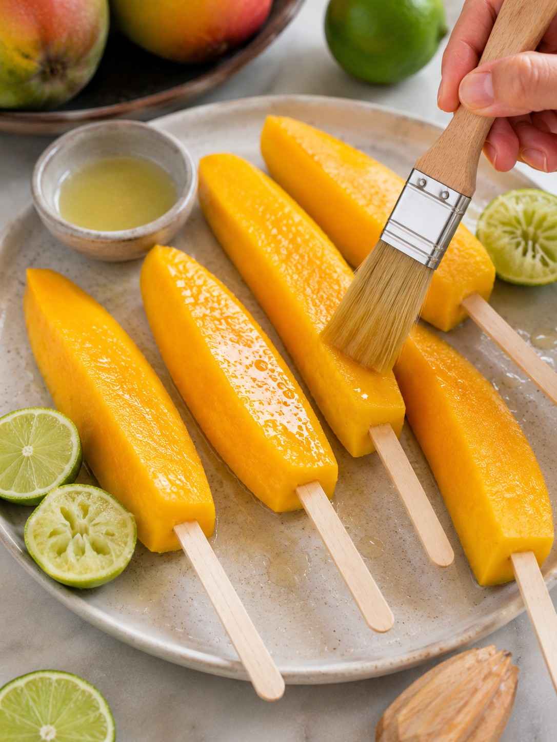 Mango spears being brushed with fresh lime juice
