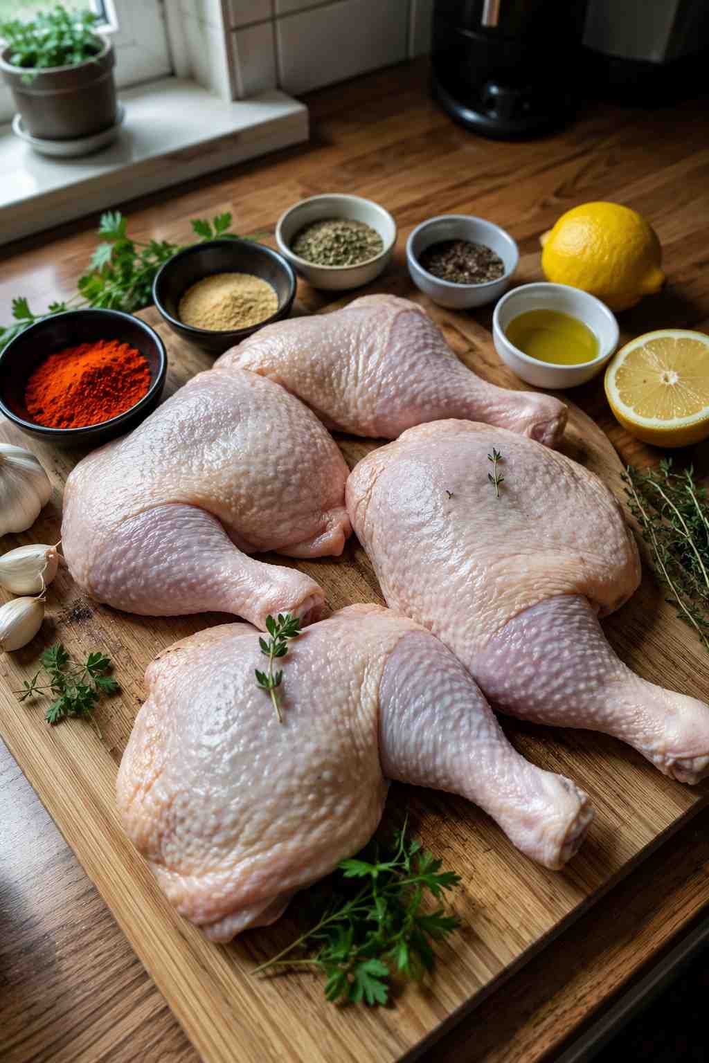 Raw chicken leg quarters on a wooden cutting board