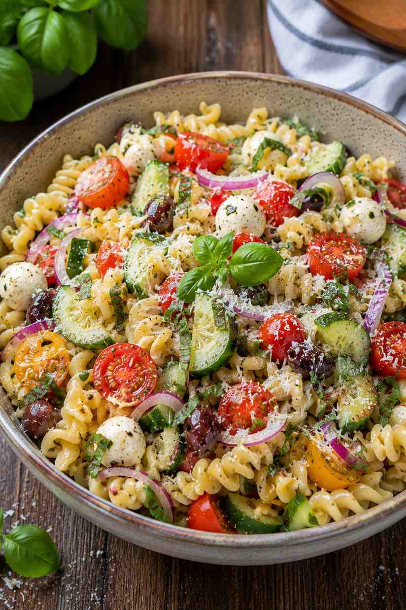 Finished summer pasta salad in a serving bowl topped with parmesan