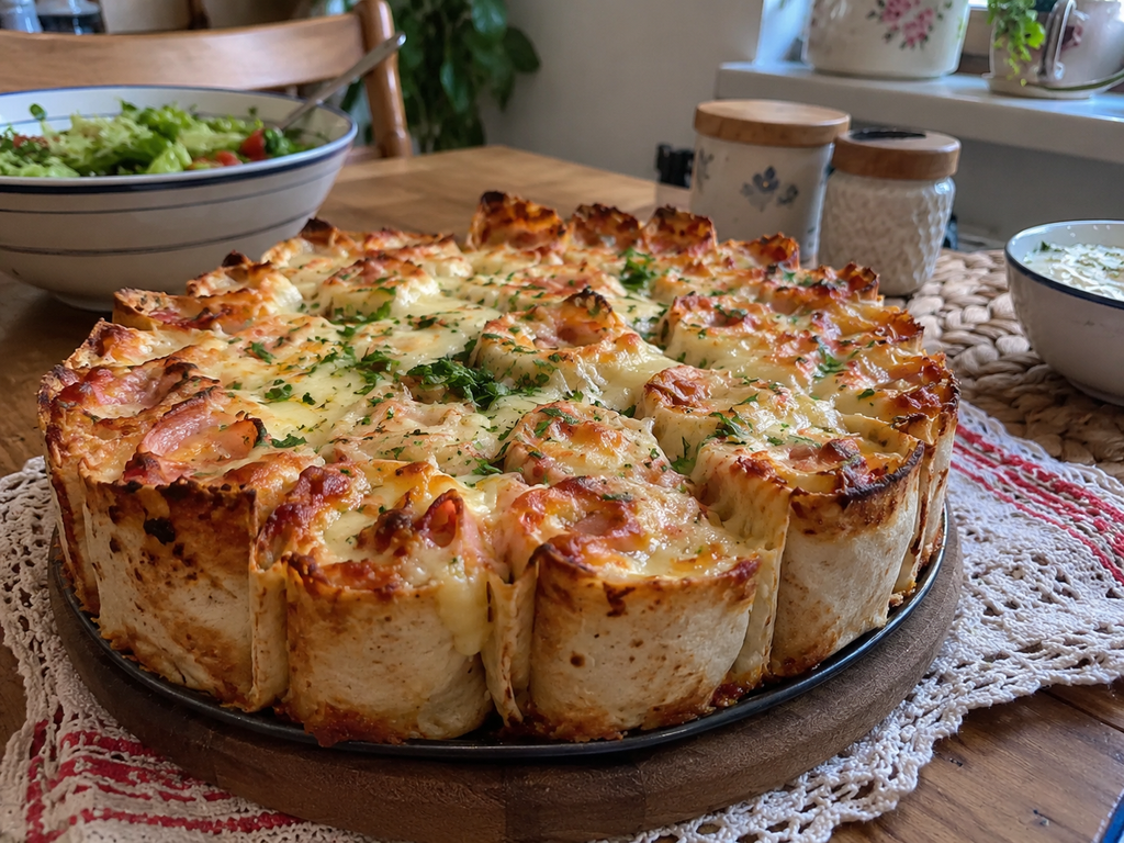 Golden baked tortilla pizza roll-ups in a round dish with a bowl of creamy garlic herb dip