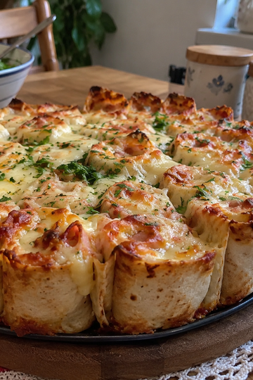 Golden baked tortilla pizza roll-ups in a round dish with a bowl of creamy garlic herb dip