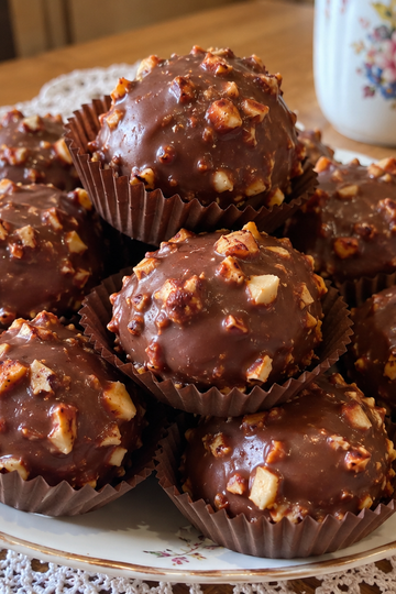 Homemade hazelnut chocolates covered in chopped hazelnuts, one cut open to show the whole hazelnut center
