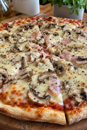 Homemade pizza with melted mozzarella, ham and mushrooms on a wooden board
