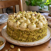 Pistachio layer cake covered in mascarpone cream and chopped pistachios with one slice cut