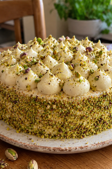 Pistachio layer cake covered in mascarpone cream and chopped pistachios with one slice cut