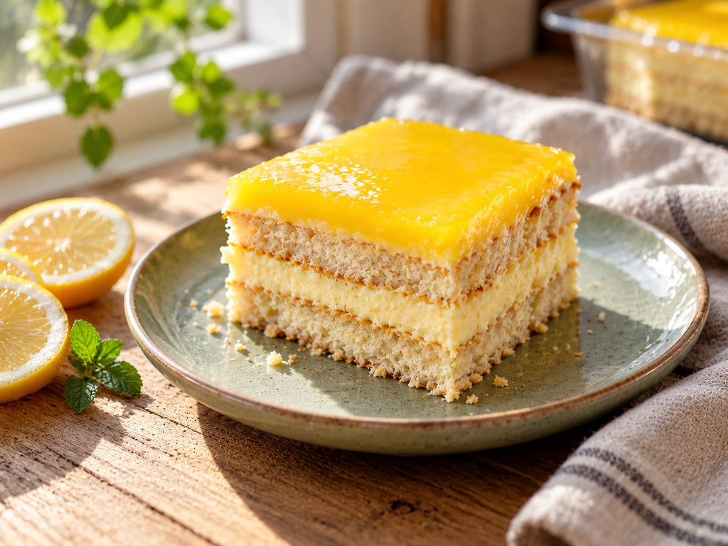 Slice of lemon tiramisu with lemon curd swirl and mascarpone cream layers