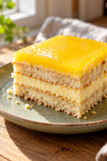 Slice of lemon tiramisu with lemon curd swirl and mascarpone cream layers