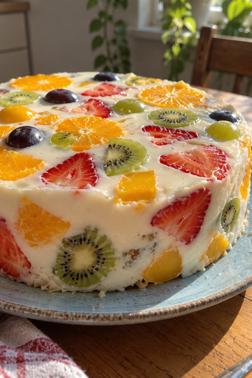 Sliced no-bake yogurt pudding cake with colorful fresh fruit pieces on a white plate