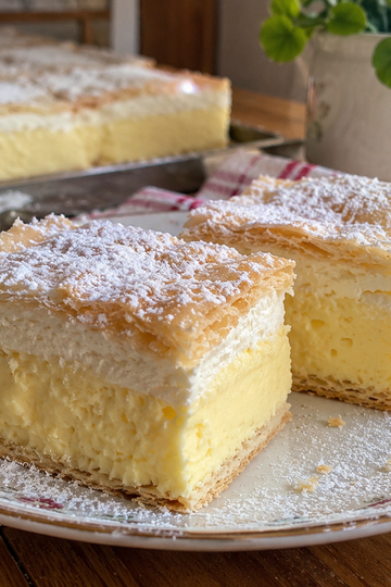 Squares of krempita with golden puff pastry, vanilla custard and whipped cream dusted with powdered sugar